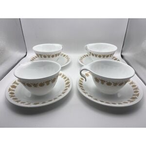 Vintage Corelle Butterfly Gold Teacups Saucers Set 4 Corning Glass White Yellow